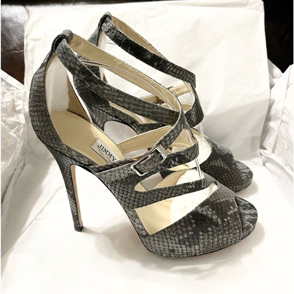 Jimmy Choo Shoes - Jimmy Choo wrap around strappy Glitter animal print peep Pumps, Grey black EU39